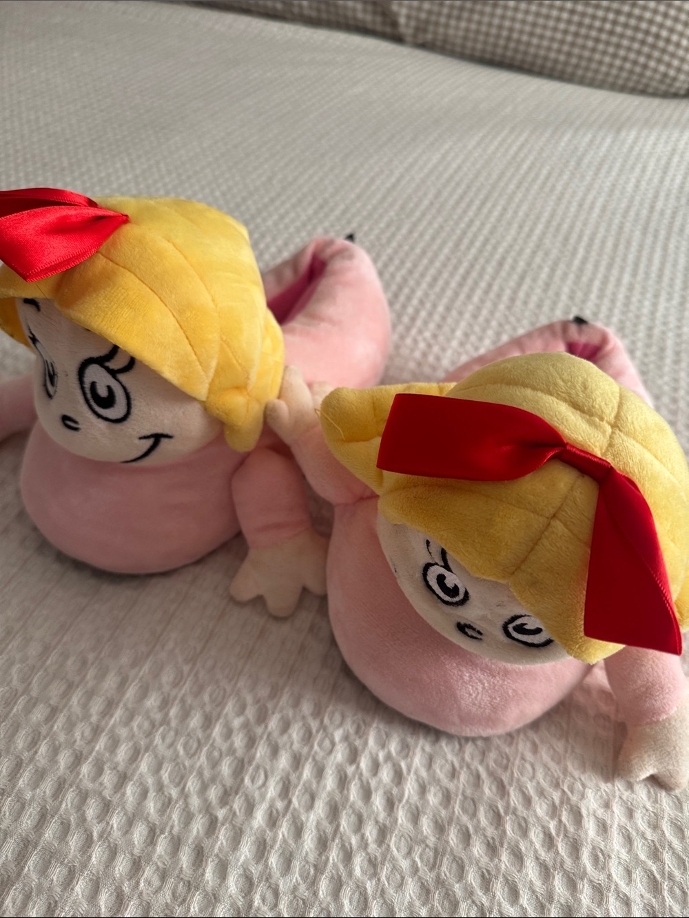 Plush Pink Cindy Lou who slippers with Yellow Hair and Red Bows